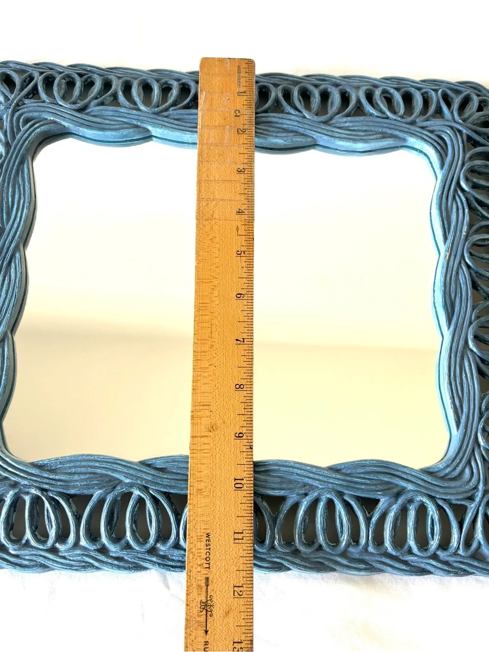 Hoda Mirror Blue 1981 Vintage Faux Wicker 3950 Wall Vertical/Horizontal Accent